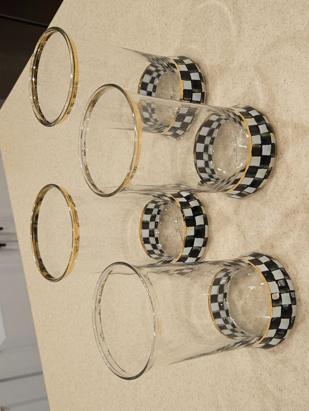4 MACKENZIE CHILDS SUMMER BLACK COURTLY CHECK HIGHBALL DRINKING GLASS TUMBLER